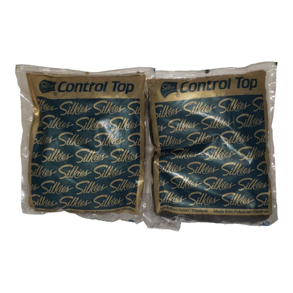 (2) Silkies Control Top Pantyhose Nylons X-Queen XXL Off Black 070606 Vtg USA